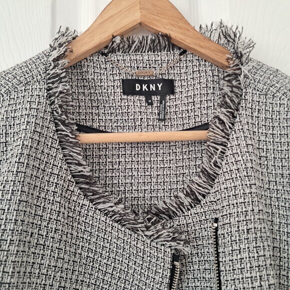 DKNY Women's Business Plus size Fringe Trim Tweed style zipper blazer size 16 - Picture 2 of 9
